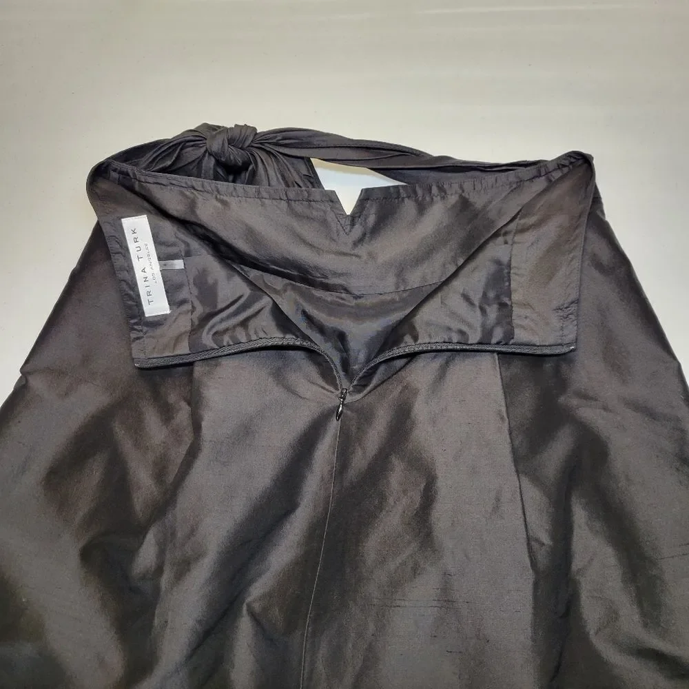 Trina Turk Silk Crepe Black A-Line Pleated Midi Skirt Bow Ties Waist Pockets